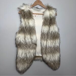 Skies Are Blue Cream Brown Faux Fur Open Vest High Low Size Small EUC